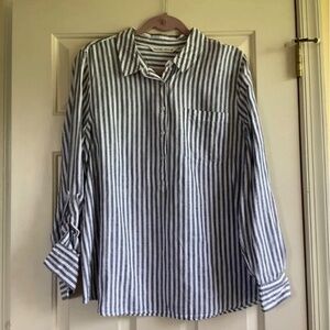 Rachel Hollis Woven Linen Striped Henley Shirt Grey White SZ 14
